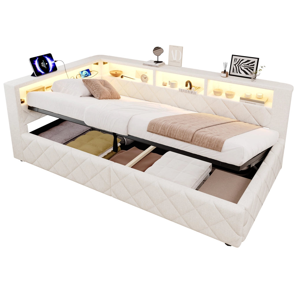 Letto contenitore beige 90x200 cm con sollevamento idraulico