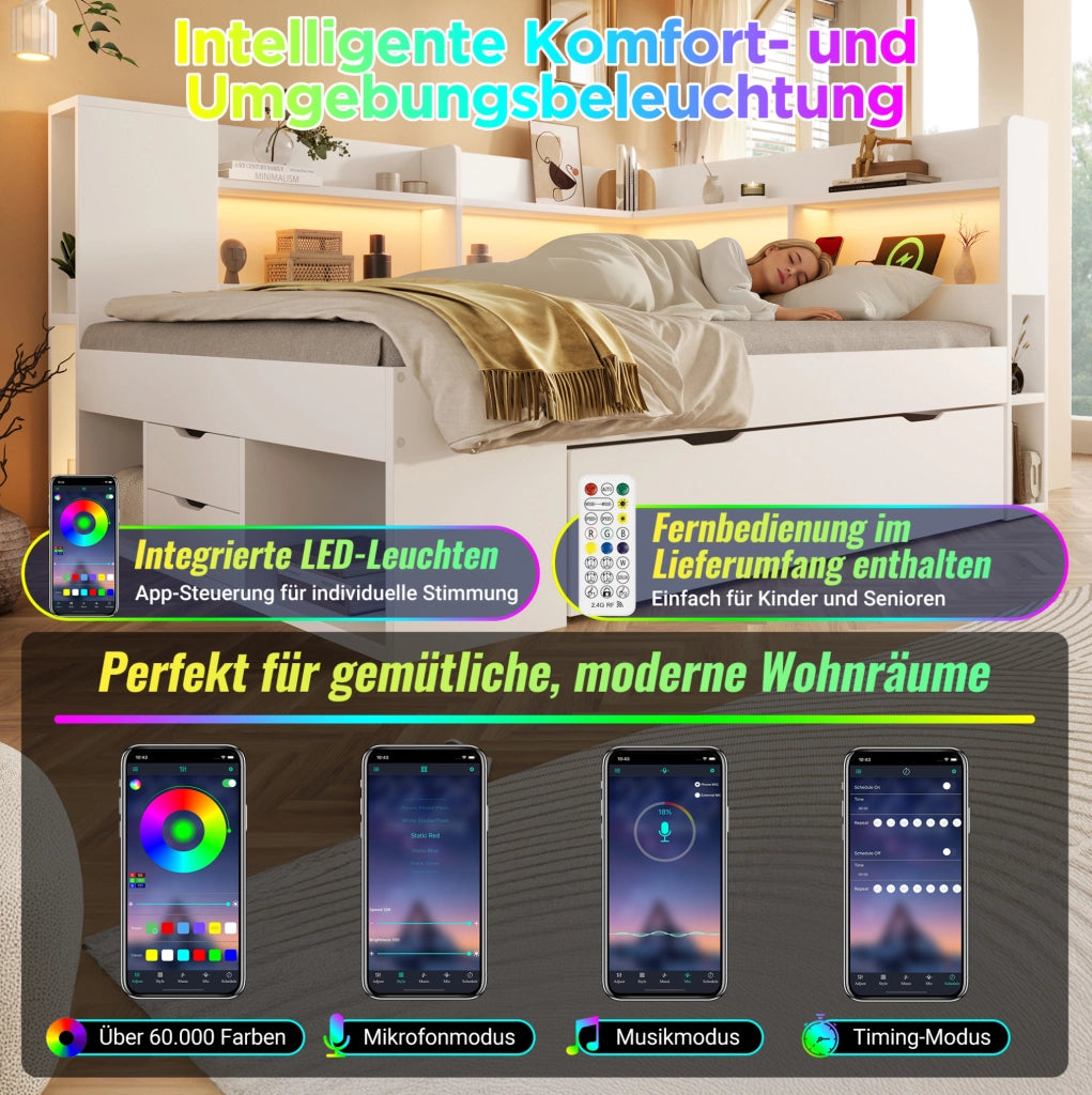Letto singolo 90x200 cm in legno bianco con LED, USB e Type-C, contenitore e ripiani
