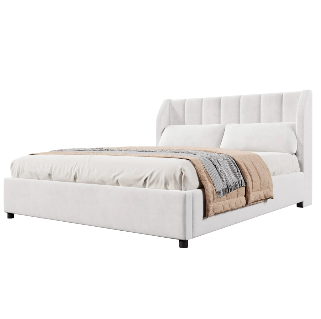 Letto imbottito 140x200 cm beige con rete a doghe e 2 cuscini