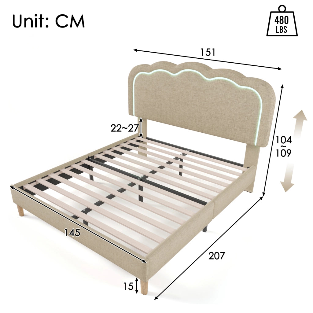 Letto matrimoniale imbottito 140x200 cm beige con testiera LED