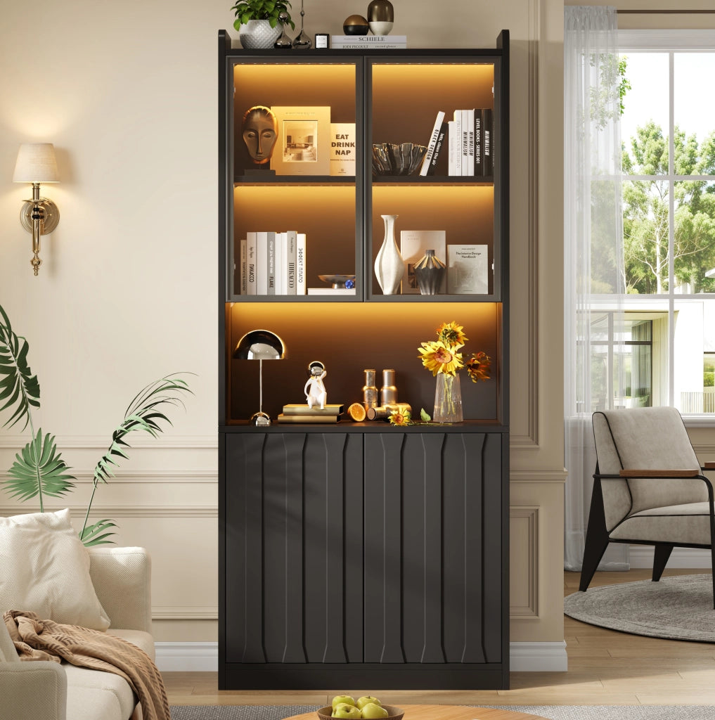 Vetrina alta 80x35x200 cm con 4 ante; LED Bluetooth e ripiani regolabili; nera
