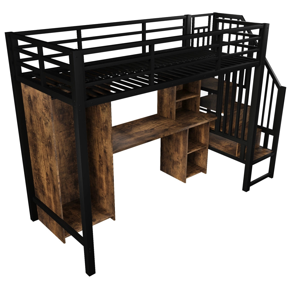 Letto a soppalco 90x200 cm nero con scrivania e armadio
