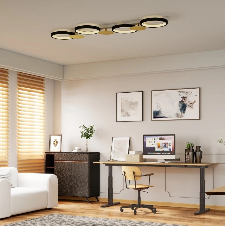 PLAFONIERA LED 100 cm con telecomando, 4 anelli, nero e oro