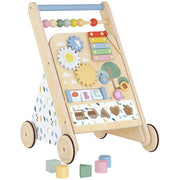Carrello primi passi in legno naturale per bambini con centro attività e ruote regolabili, robusto e pratico
