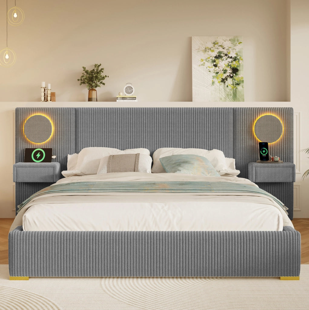 Letto matrimoniale imbottito 180x200 cm grigio con LED e USB