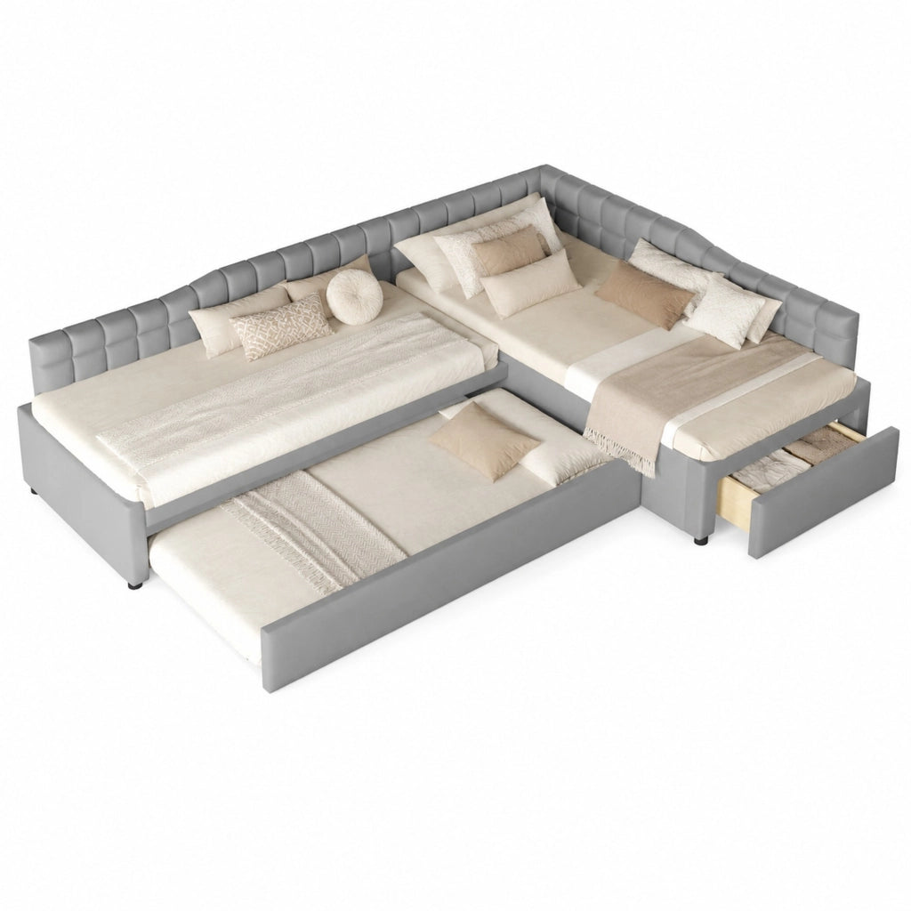 Letto angolare imbottito grigio con estraibile e cassetti 90x200 cm