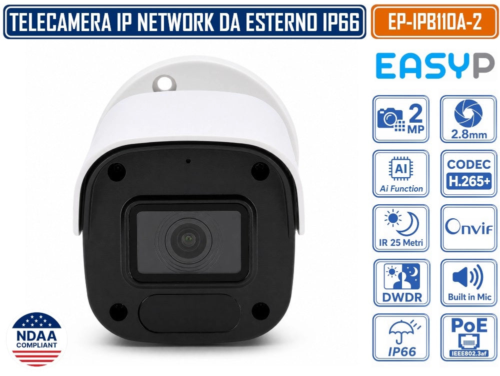 TELECAMERA BULLET IP EASY-P EP-IPB110A-2 2MP FULL HD CON INTELLIGENZA ARTIFICIALE, OTTICA 2.8 MM, IR 25M, MICROFONO INTEGRATO, IP66, POE E P2P