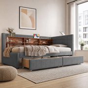 Letto singolo 90 × 200 cm con 2 cassetti in lino e MDF grigio con porte USB Type-C e ripiani