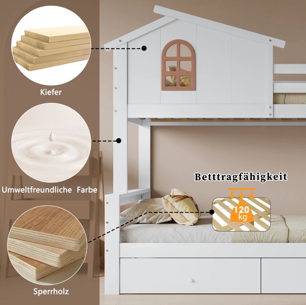 Letto a castello 90x200 e 120x200 cm con scivolo; cassetti e scala; bianco