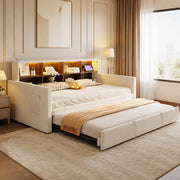 Divano letto imbottito 90x190 cm con contenitore, LED e prese integrate, velluto beige