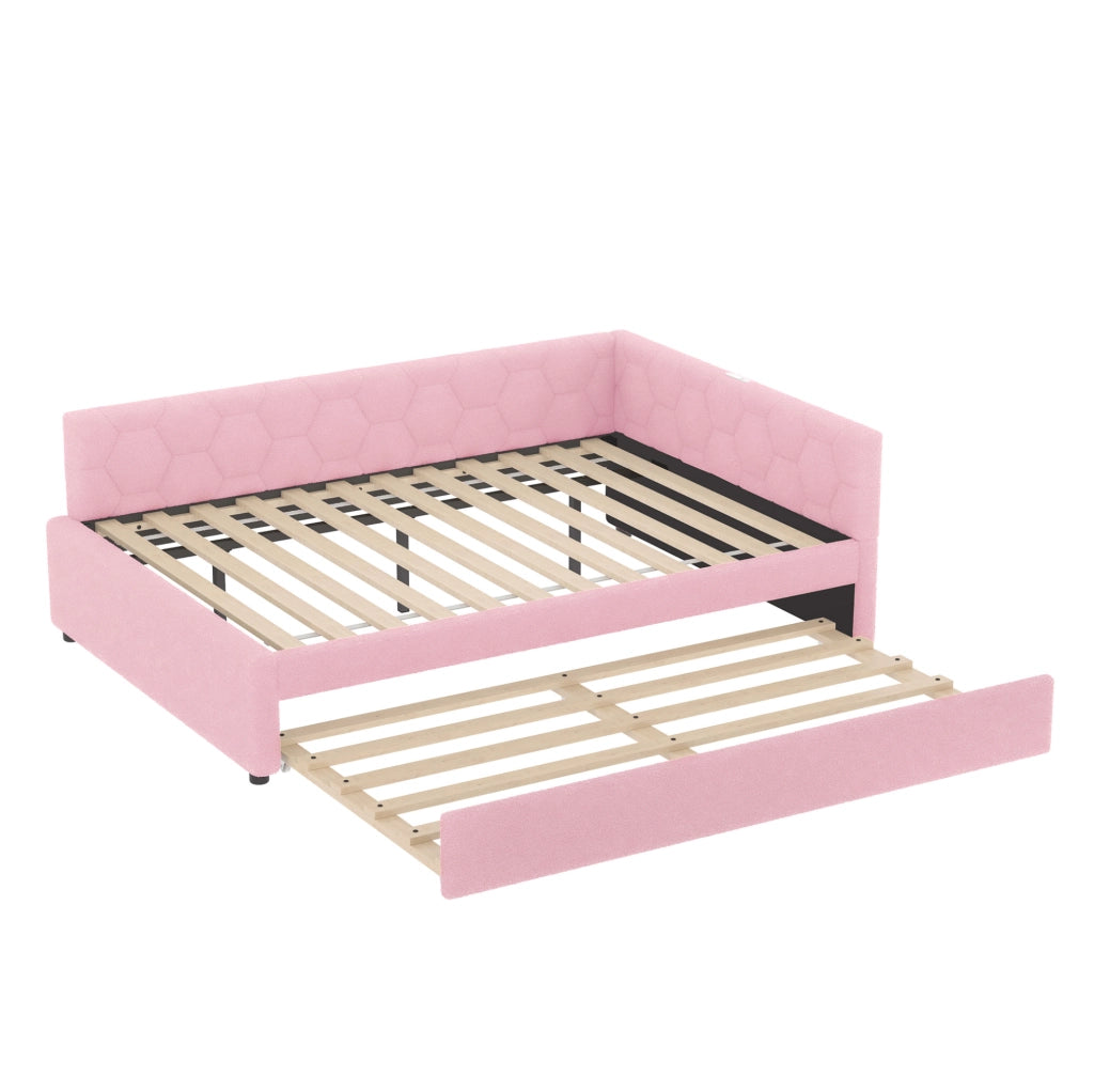 Daybed 140x200 cm con letto estraibile, USB e Type-C, lampada integrata, velluto rosa