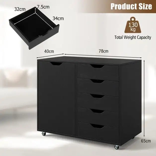 5-Drawer Chest with Door and Adjustable Shelf-Black