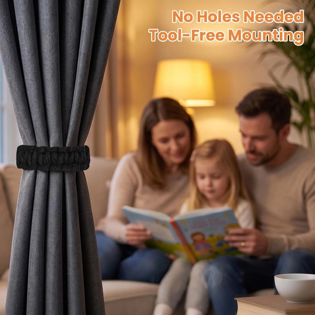 Supporti per tende, set da 4, intrecciati, neri, stile bohémien