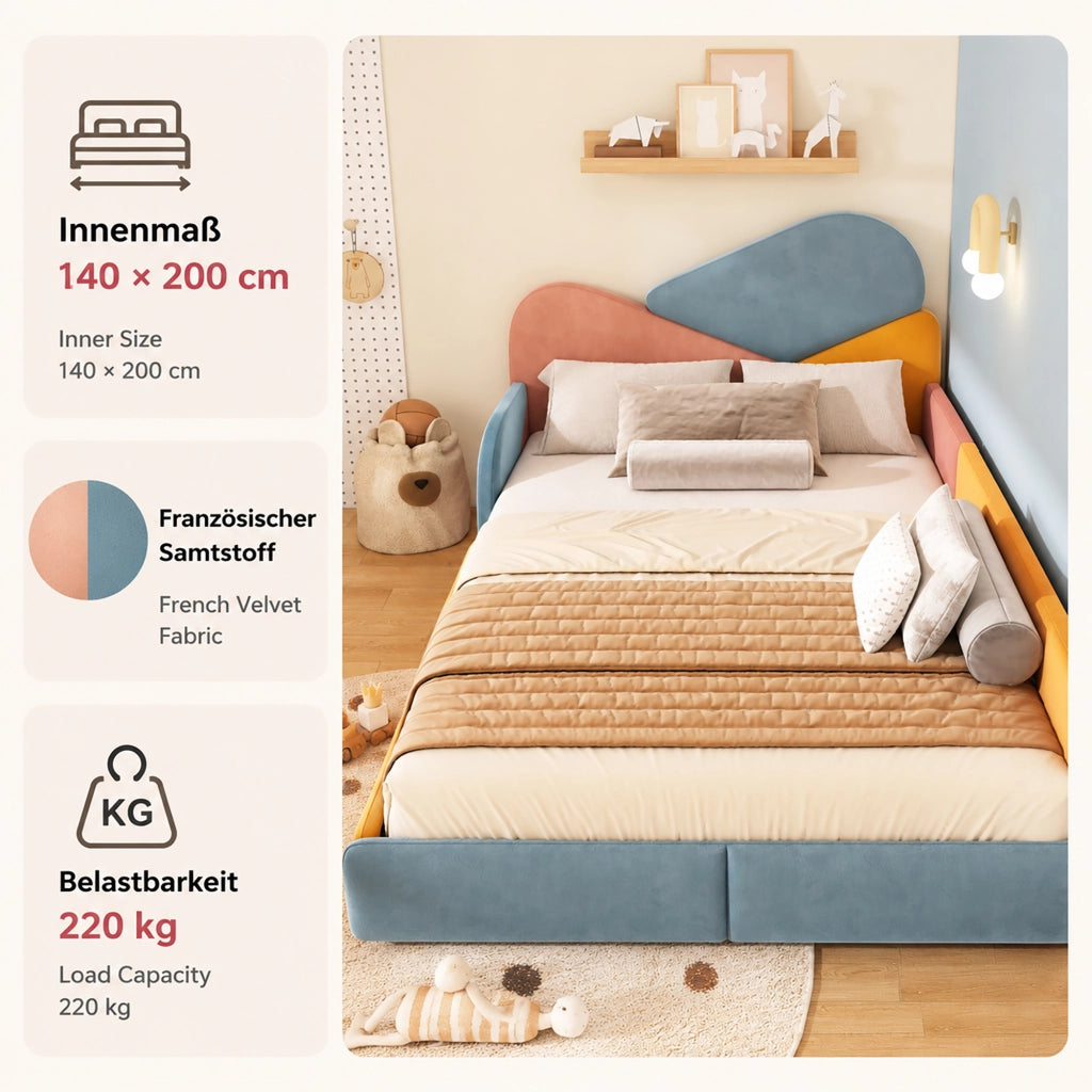 Letto per bambini imbottito 140 × 200 cm in velluto francese blu rosa e arancione con sponde rialzate patchwork