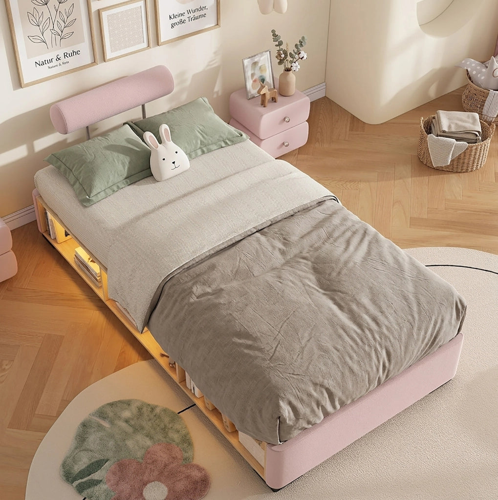 Letto per bambini imbottito 90x200 cm con LED e ripiani aperti in velluto rosa