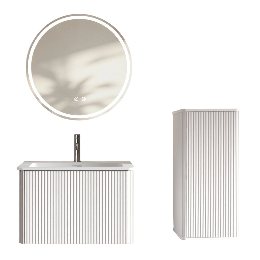 Mobile bagno sospeso con lavabo specchio LED e colonna laterale in vetro MDF compensato e solid surface bianco