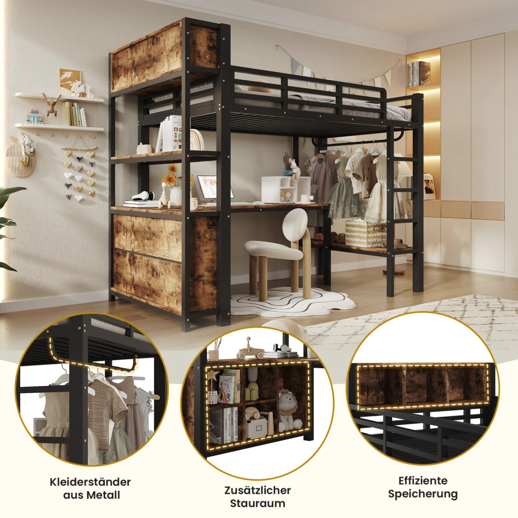 Letto a soppalco 90x200 cm con scrivania e guardaroba