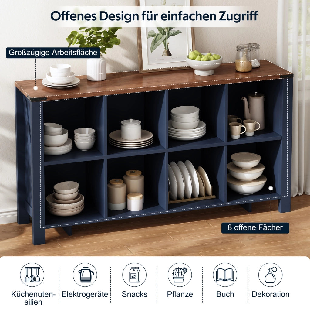 Libreria orizzontale blu in MDF con 8 vani, 140x34x75 cm