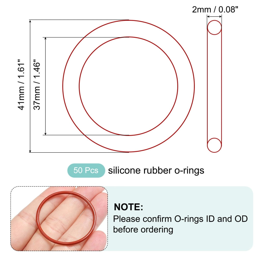 O-ring in silicone, 37x41x2 mm, 50 pezzi, colore rosso, durezza 50A