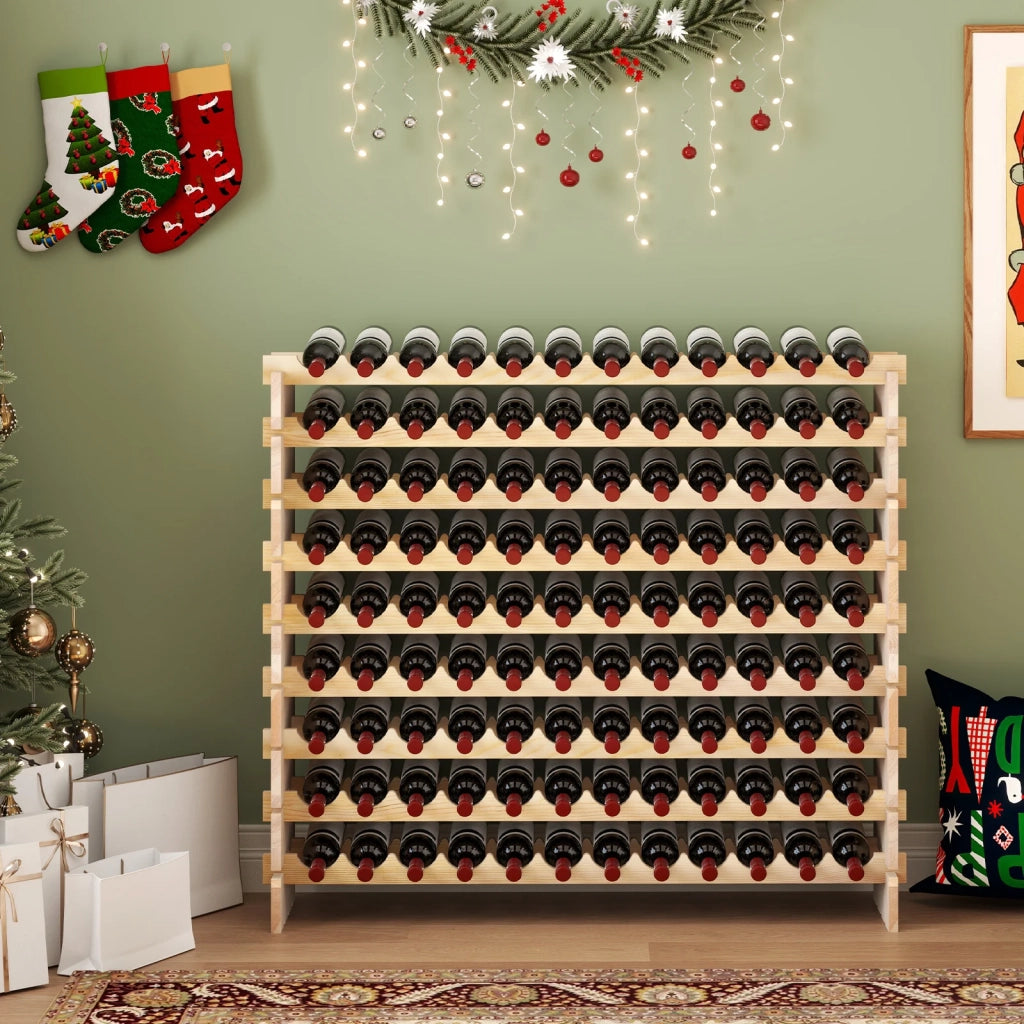 Stackable Modular Wine Rack for 108 Bottles 9 Tier Wooden Wine Rack Freestanding Wine Display Shelf Natural