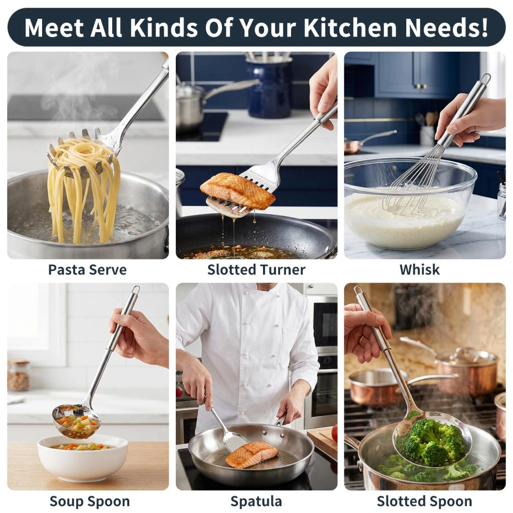 Set di pentole e accessori per la cucina, in acciaio inossidabile, composto da 6 pezzi