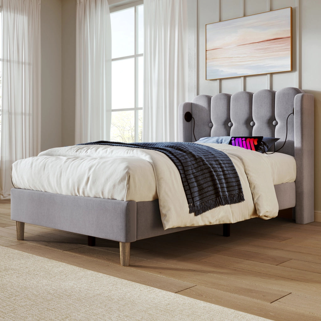 Letto singolo imbottito 90x200 cm grigio con ricarica USB-C