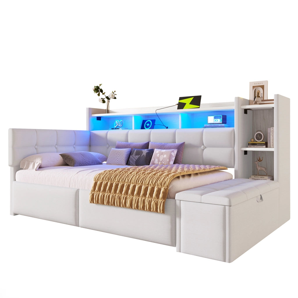 Letto a Divanetto 90 x 190 cm - 2 Cassetti, USB, Tipo C e LED Regolabile - Bianco