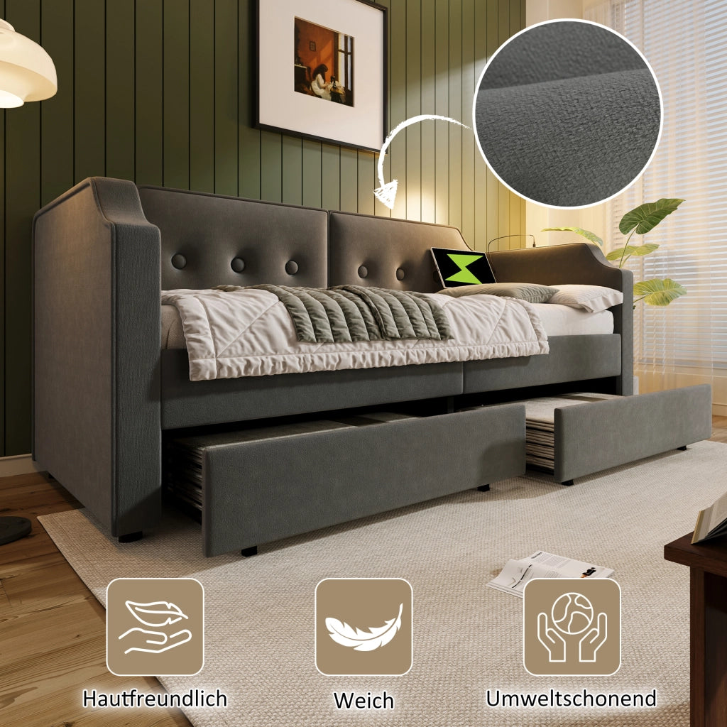 Letto imbottito 90x200 cm grigio con cassetti