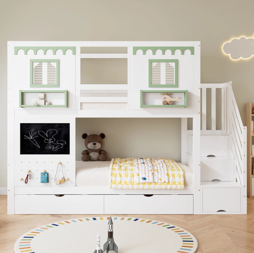Letto a castello per bambini 90x200 cm con scala contenitore e cassetti; bianco e verde