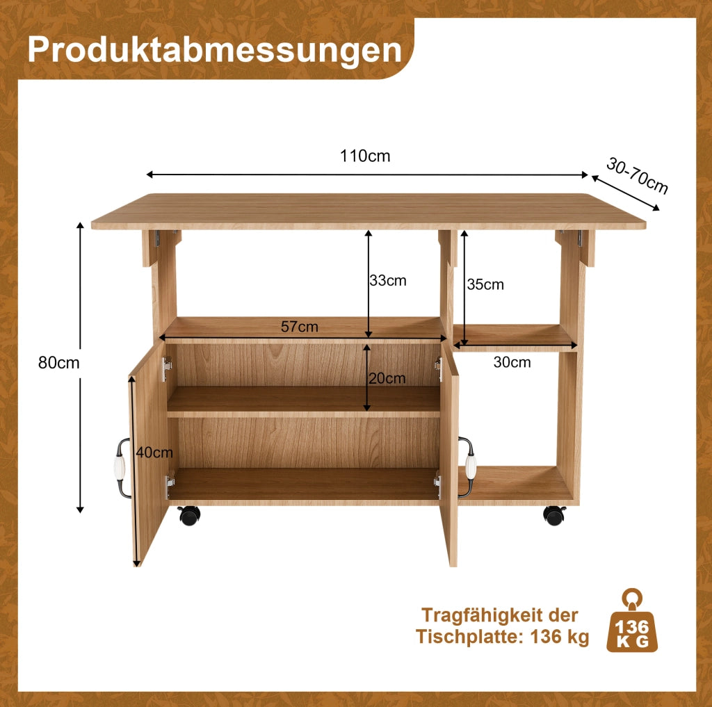 Tavolo pieghevole con ruote in MDF, rovere chiaro, 110 × 70 cm