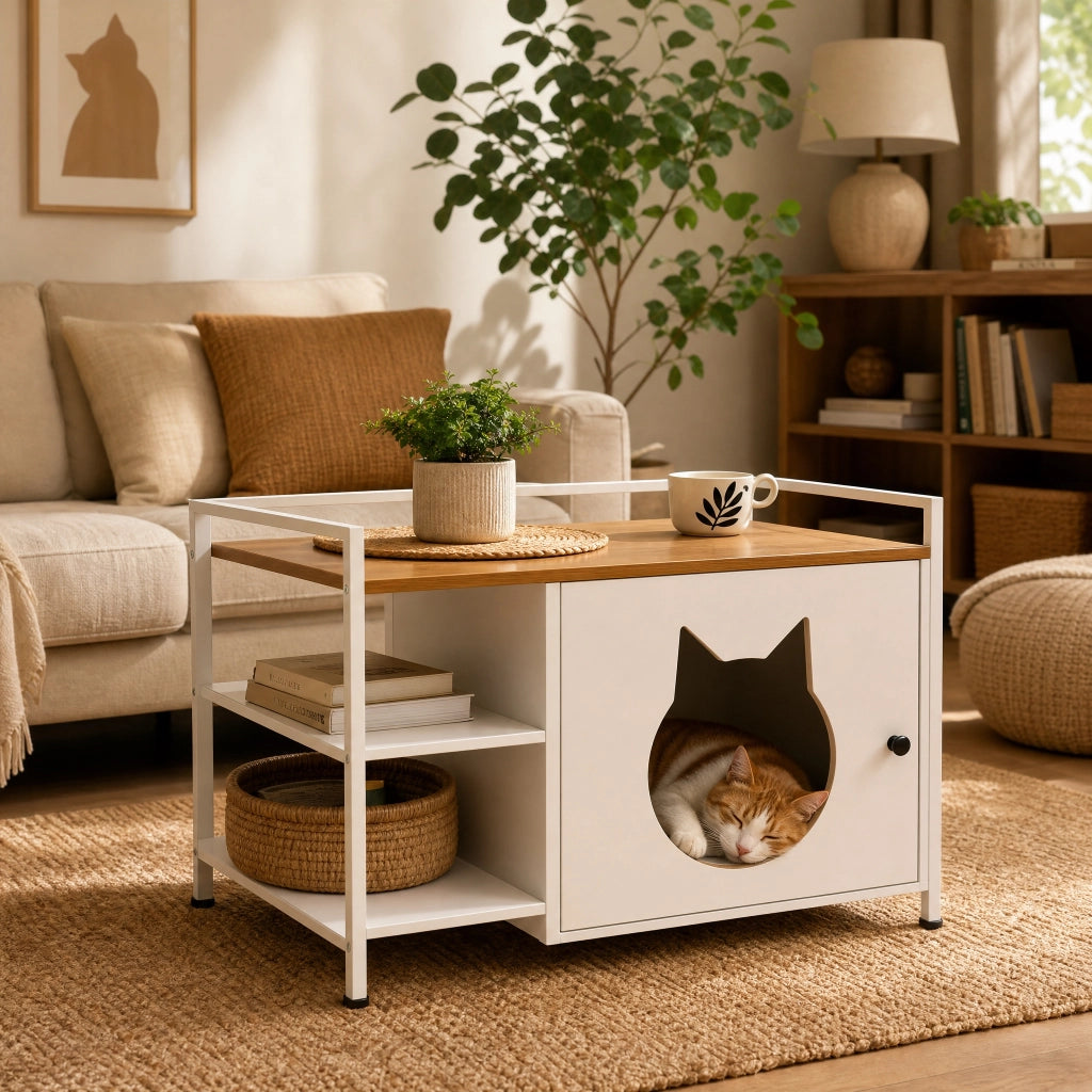 Mobile per lettiera con due ripiani aperti in MDF e metallo bianco e rovere chiaro