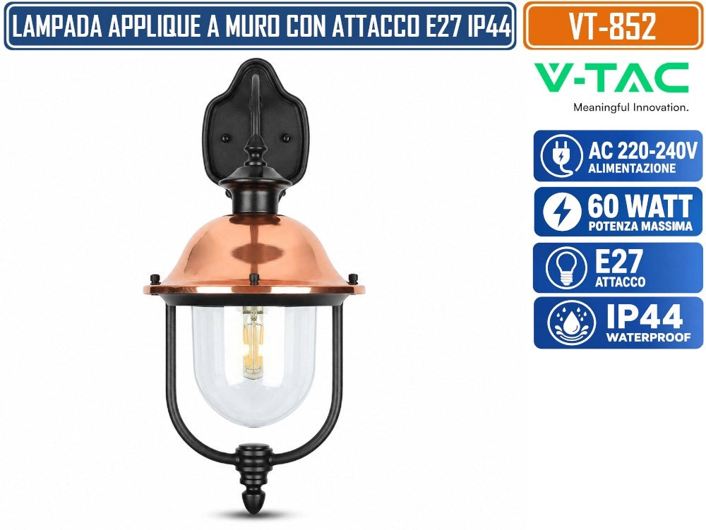 V-TAC VT-852 APPLIQUE LAMPADA DA ESTERNO E27 NERA RAME IP44 60W MAX IN ALLUMINIO E VETRO - SKU 7531