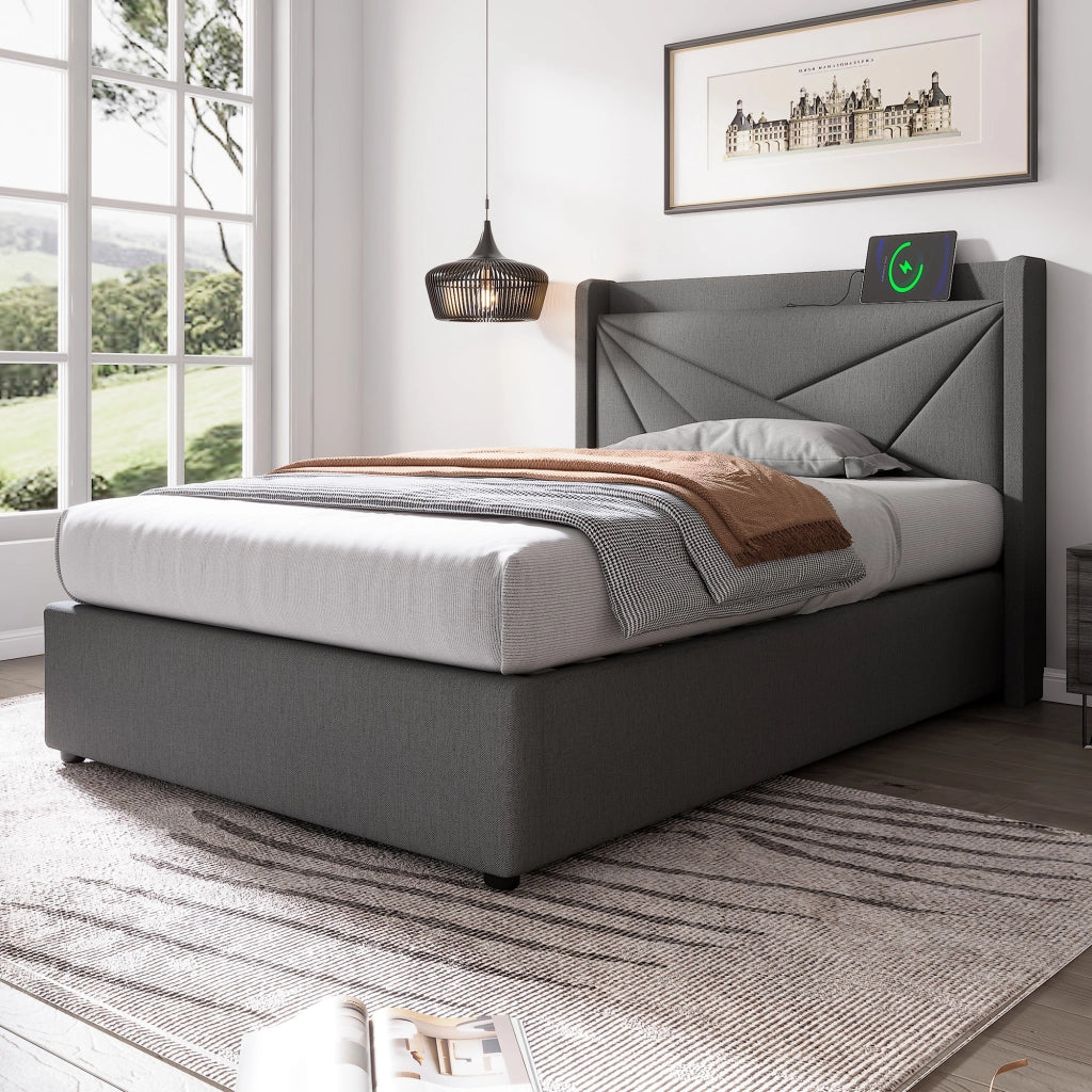 Letto con contenitore 90x200 grigio con testiera USB e Tipo C