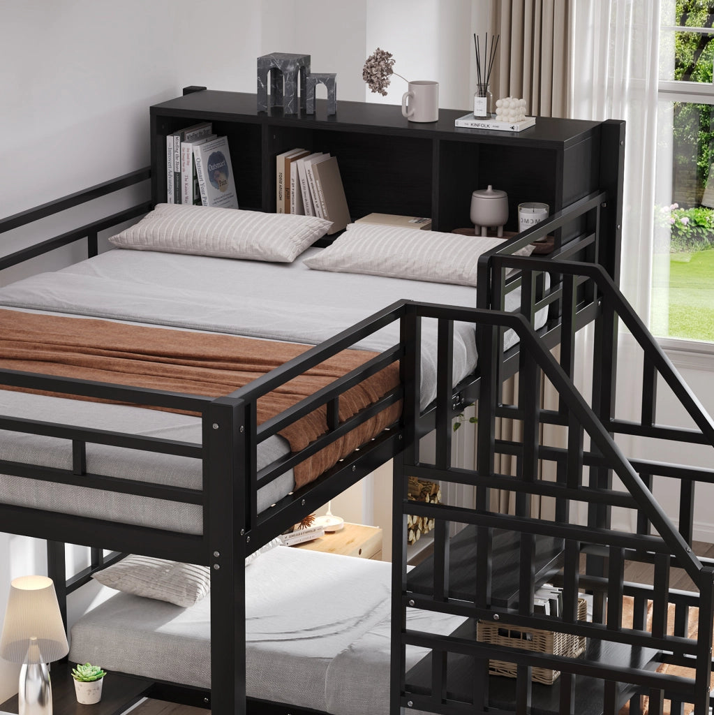 Letto a castello 3 posti 90x200 e 140x200 cm con scala e contenitore; nero