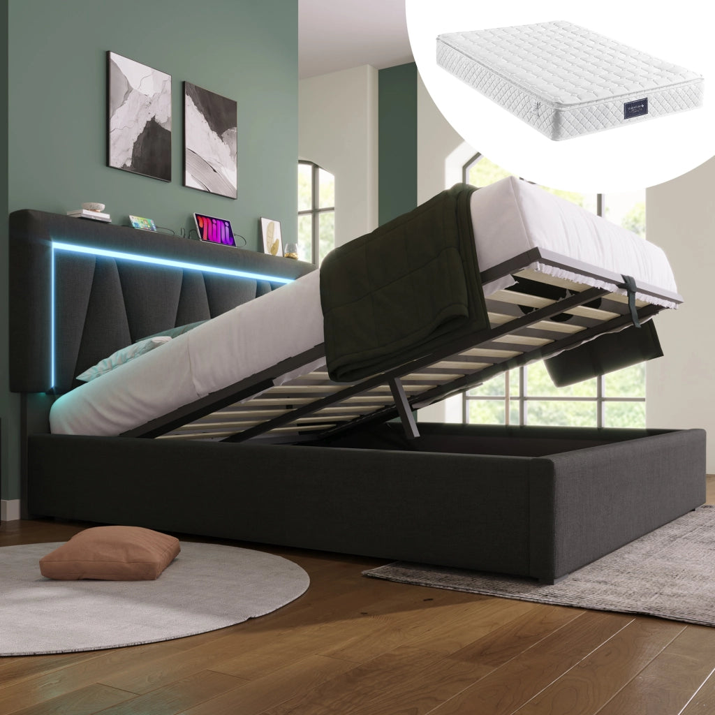 Letto Contenitore 160 x 200 cm, Matrimoniale - USB, Tipo C e LED Regolabile - Grigio