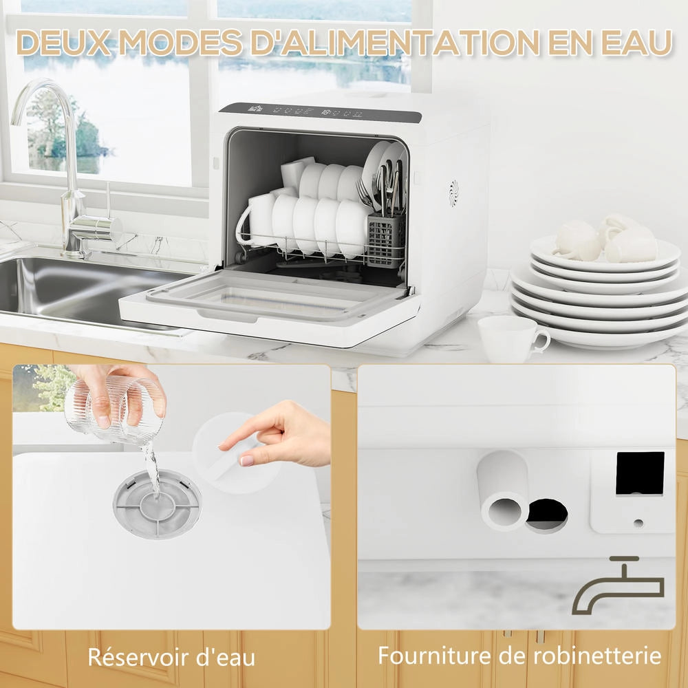 Mini lavastoviglie compatta da tavolo per 4 coperti, 6 programmi con serbatoio 6 L e comandi touch, bianco per cucina e ufficio