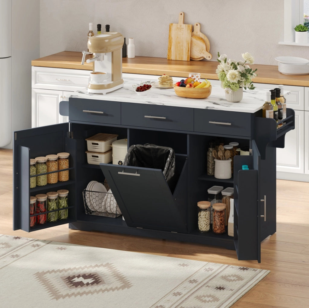 Isola cucina mobile grigia con piano ribaltabile e prese USB