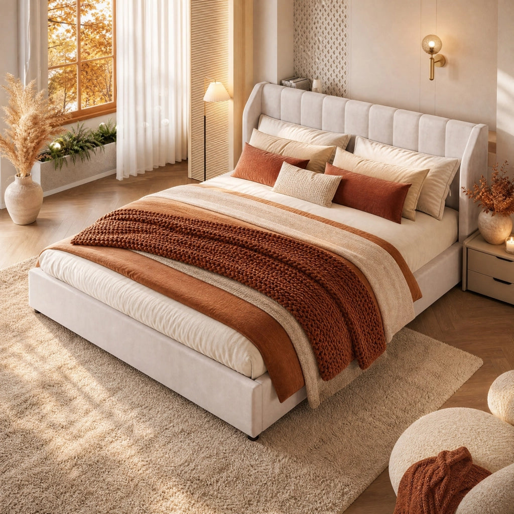 Letto matrimoniale imbottito beige 180x200 cm con rete a doghe