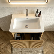 Mobile sottolavabo da bagno con lavabo 60 cm in MDF compensato e solid surface rovere con cassetti a pressione