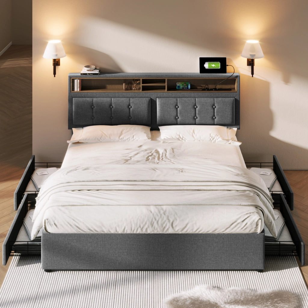 Letto matrimoniale imbottito 140x200 cm con quattro cassetti