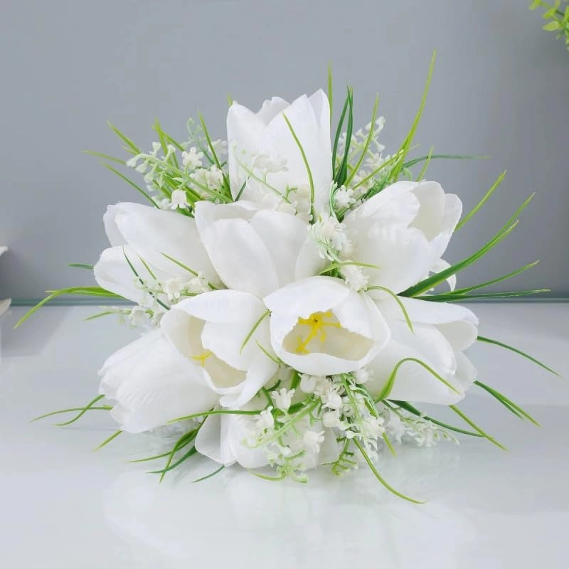Bouquet artificiale, con tulipani e campanule, 9,8 pollici, colore bianco