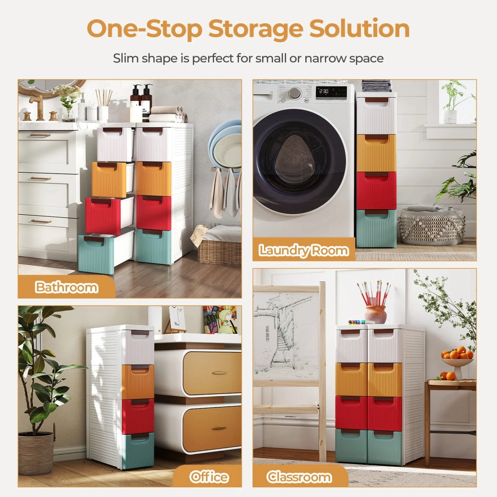 Cassettiera a 4 Cassetti con Ruote, PP Multicolore, Salvaspazio per Bagno e Ufficio