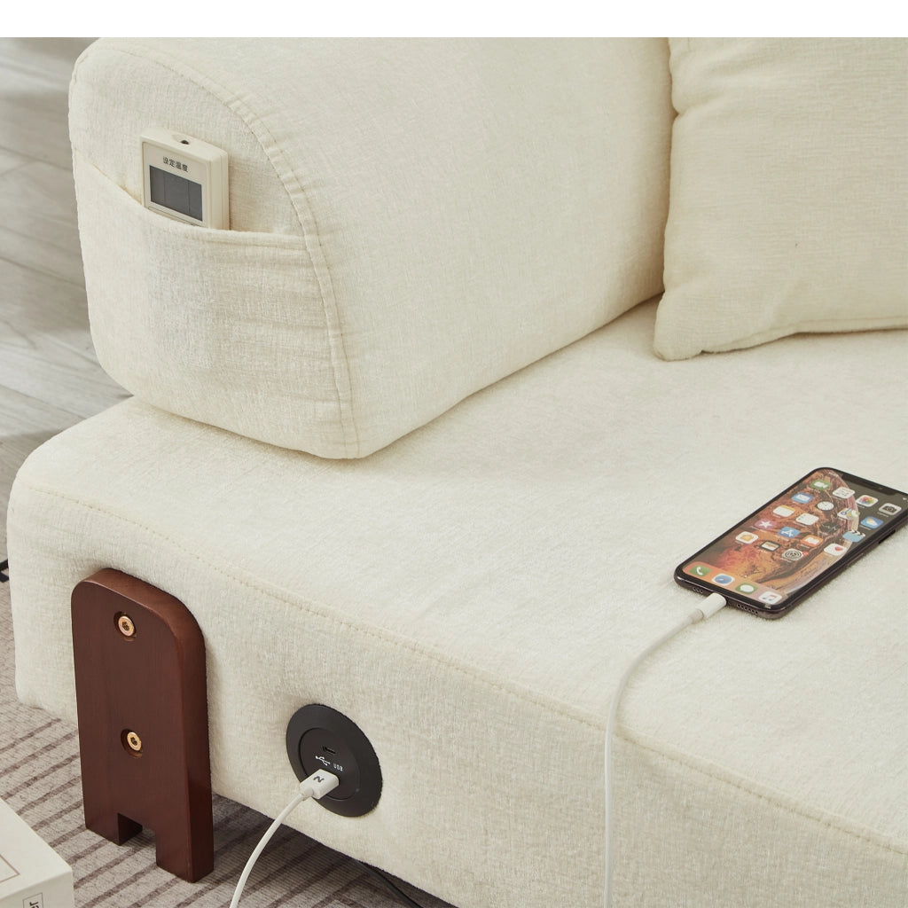 Divano letto pieghevole 2 in 1 con porte USB e Type C in tessuto beige