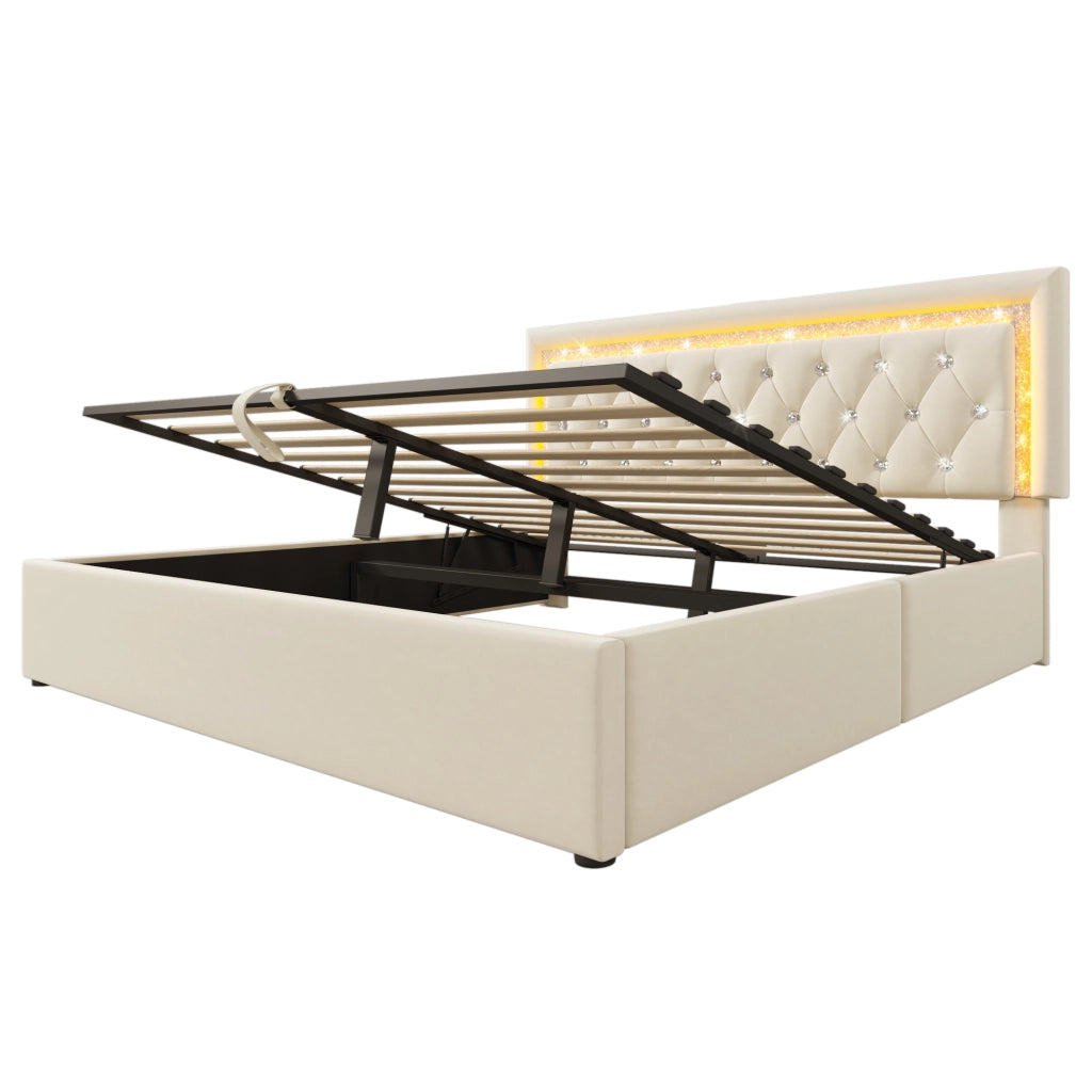 Letto imbottito beige 140x200 cm con testiera LED