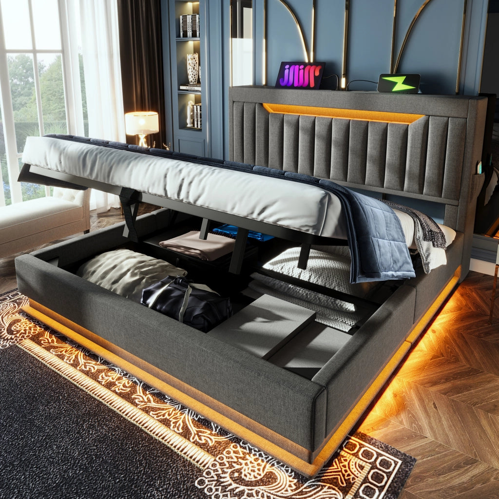 Letto contenitore 160x200 grigio con testiera; LED e porte USB