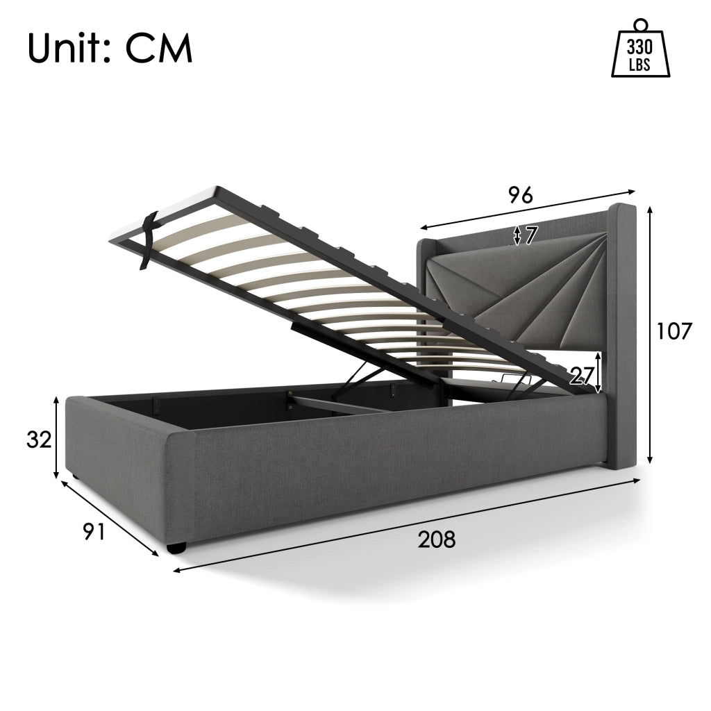 Letto con contenitore 90x200 grigio con testiera USB e Tipo C