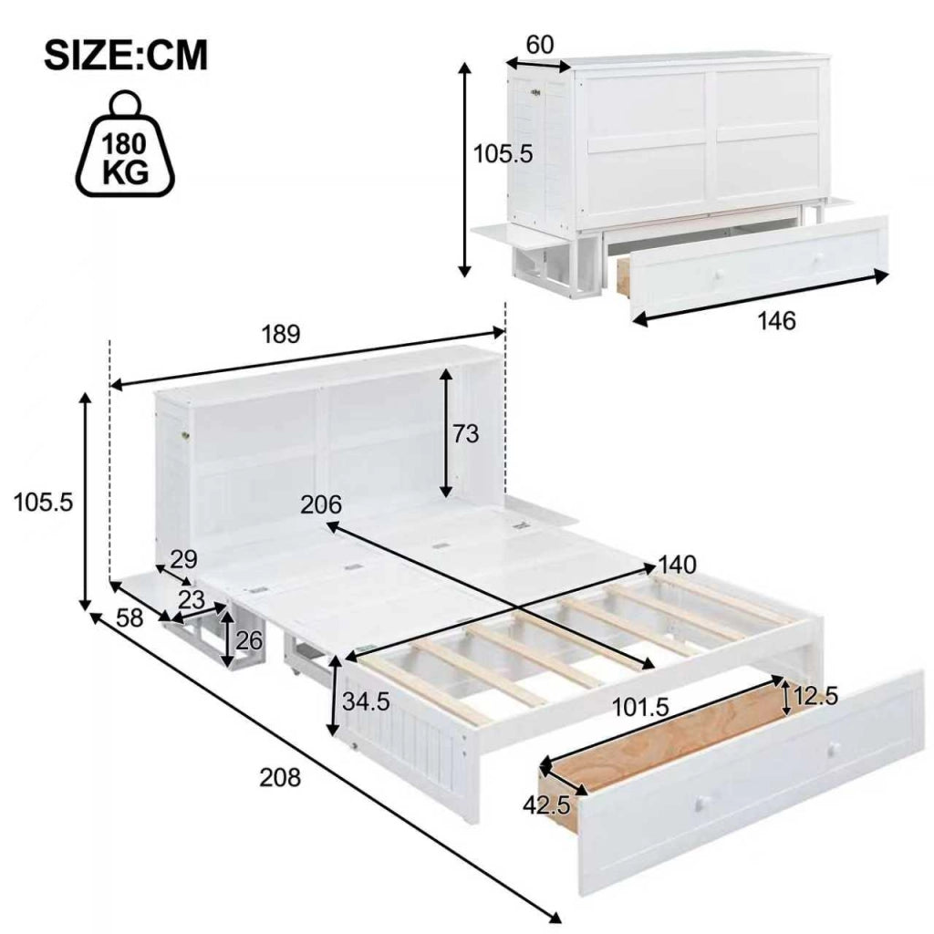 Letto a scomparsa 140x200 trasformabile in armadio bianco
