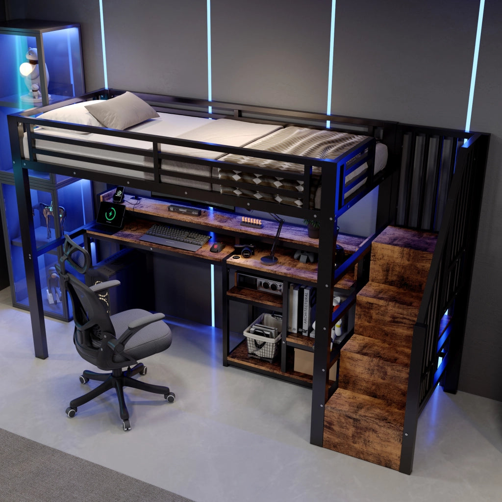 Letto a soppalco 90 × 200 cm in metallo e MDF nero con armadio scala ripiani LED USB e USB C