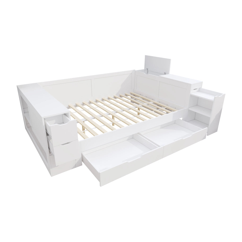 Letto con Cassetti 140x190 cm - Contenitore e Comodino Scorrevole - MDF - Bianco