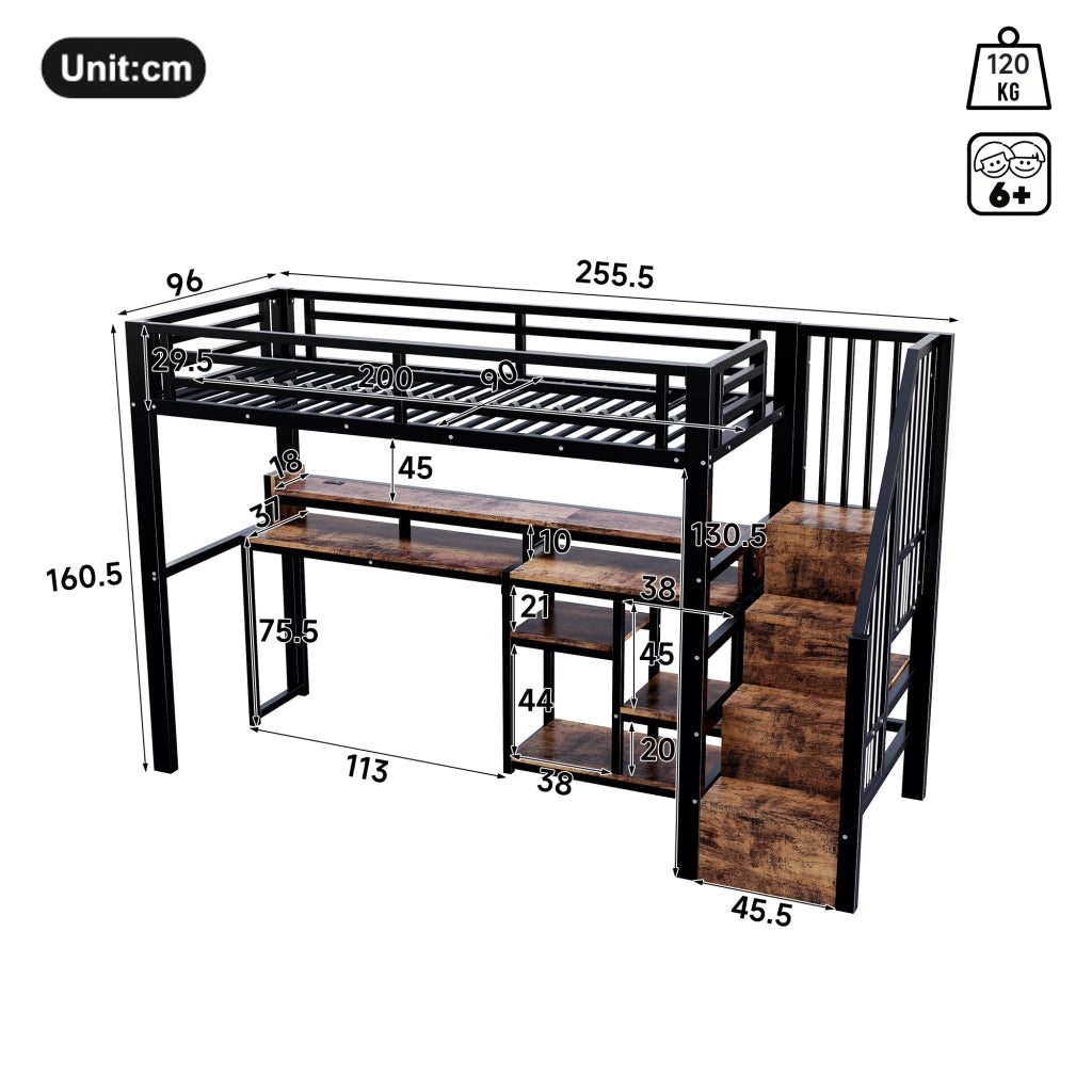 Letto a soppalco 90 × 200 cm in metallo e MDF nero con armadio scala ripiani LED USB e USB C